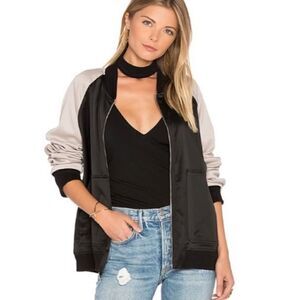 Monrow Black and Cream Satin Oversized Bomber Baseball Jacket Size Small